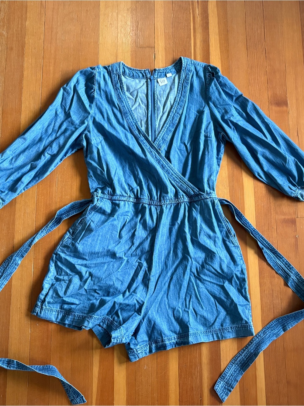 GAP Blue Denim-Look Wrap Romper with Waist Ties and Zipper